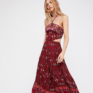 Free People - Maribelle Jumpsuit Maxi Boho Wide Leg Halter Orange Floral / XS